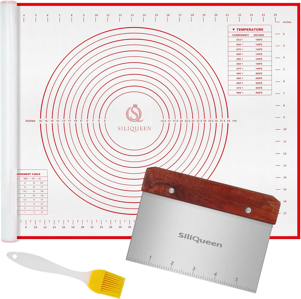 Skiennix Silicone Pastry Baking Mat - Heat Resistant, Non-Stick, BPA Free | 27.5” x 20” Red with Brush & Scraper