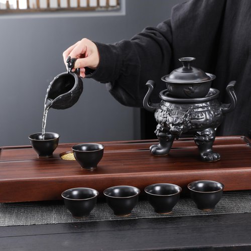 fanquare Chinese Gongfu Tea Set for 6, Rotating Tea Cup with Semi-automatic Base, Porcelain Tea Set for Home, Handmade Ceramic Tea Cups, Fair Cup, Gaiwan, Black
