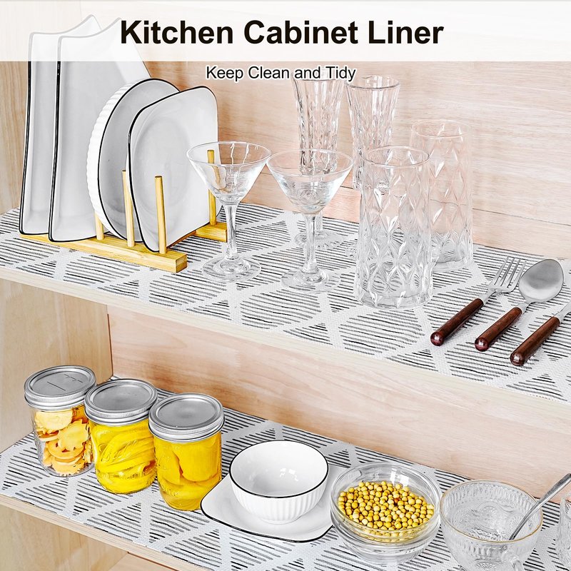 GTJ Drawer and Shelf Liner for Kitchen Cabinet,17.5IN x 10FT Non-Adhesive Cabinet Liner,Waterproof Shelf Paper Non-Slip Mats Cupboard Liner Contact Protect Dresser/Shelves/Table-Square Stripes