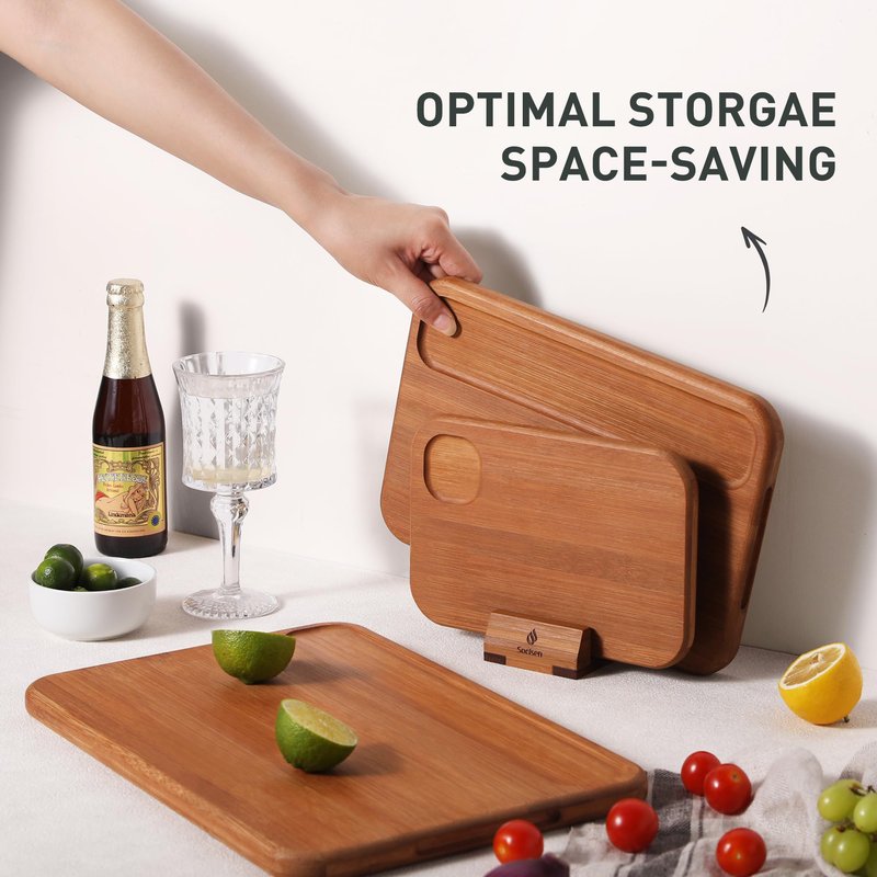 3 Packs Bamboo Cutting Board Set with Holder Nice Solid Thick Wood Deep Juice Groove & Built-in Handles Chopping Board Large Big Small Best Hardwood Kitchen Counter Organic Vegetable Meat BBQ Kit