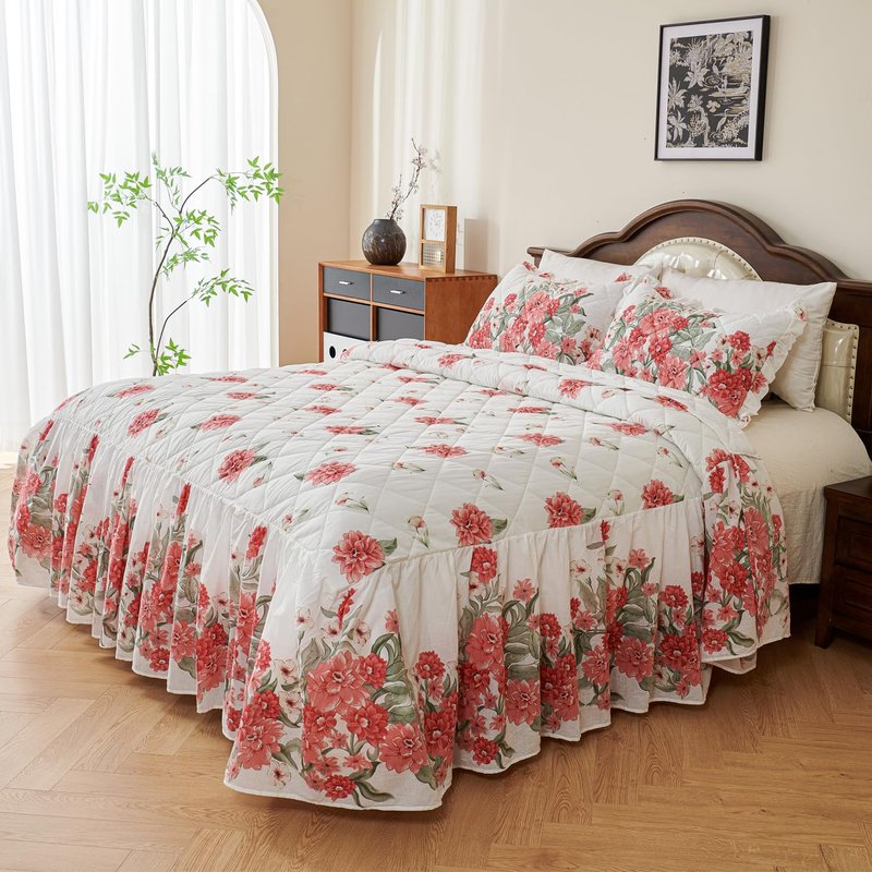 EVENHUG Ruffle Skirt King Size Bedspread Set Red Floral 100% Cotton Quilt Bedding Sets with Pillow Shams Lightweight Soft Coverlet Bed Spreads Sets 3 Piece (King, 78"x80")