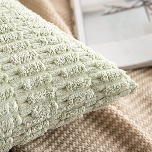 MIULEE Decorative Throw Pillow Covers - Soft Boho Striped Corduroy | Pack of 2, 16x16 Inch, Light Green