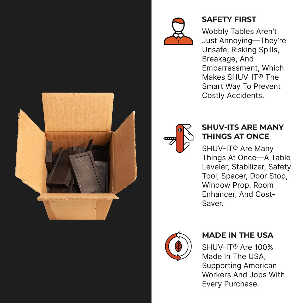 Shuv-It™ Flexible Plastic Shims (Black 100 Pack) - Leveling Shims for Restaurant and Bar Tables, Home Furniture, Wobbly Uneven Tables. - Made in USA Durable Leveling Wedge Shim for Appliances