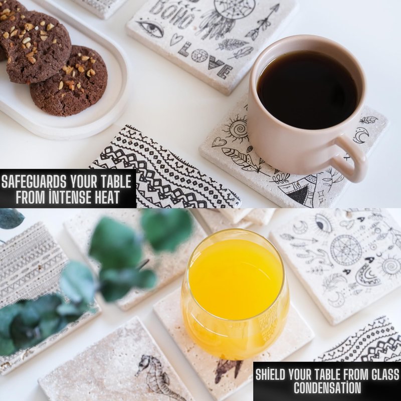 SALICI Drink Coasters Set of 4, Stone Absorbent Coasters for Drinks, Cute Coasters for Desk, Marble Home Decor, Tabletop Protection, Suitable for Kinds of Cups, 4 Inches, Coastal & Ocean