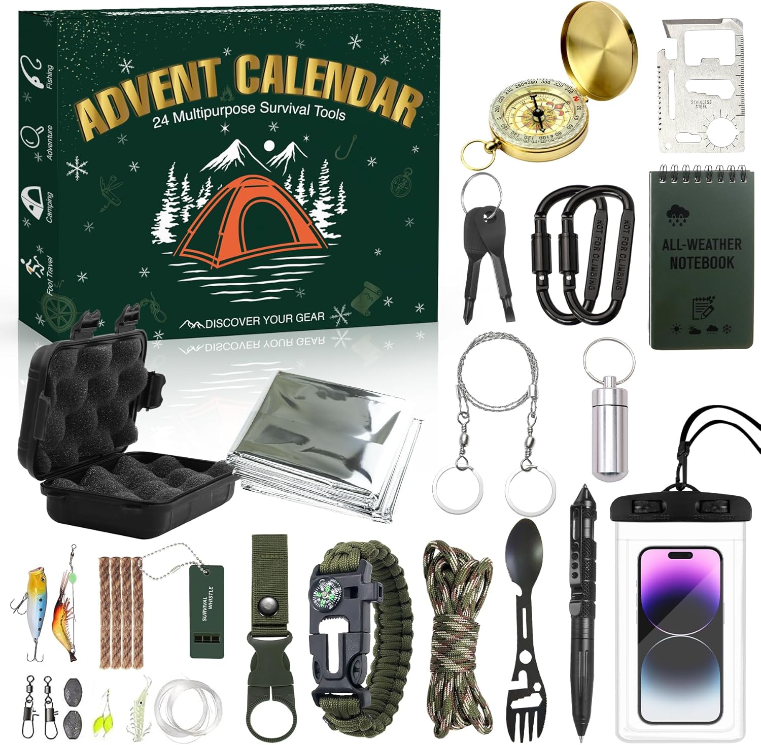 Survival Kit Advent Calendar - 24 Days of Essential Camping, Fishing & Hiking Tools | Perfect Xmas Gift for Outdoor Enthusiasts