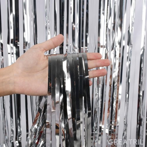 GREATRIL Silver Streamers Metallic Party Backdrop - Foil Fringe Tinsel Curtain for NYE & Events | 8.2ft x 3.2ft - Pack of 2