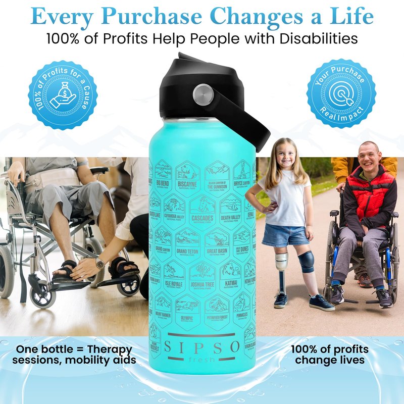 SIPSO fresh Hiking Gift Water Bottle – 32 oz Vacuum Insulated Stainless Steel National Park Water Bottle | 63 Waterproof Stickers & Premium Gift Box | Camping & Outdoor Adventure Gifts (Turquoise)