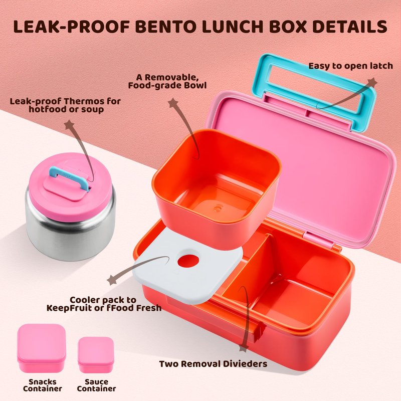 JXXM Lunch Box for Kids With 8oz Soup Thermo, Leak-proof Lunch Container with 2 Compartments, Thermo Food Jar Food Containers for Back to School Girls Boys (Pink)
