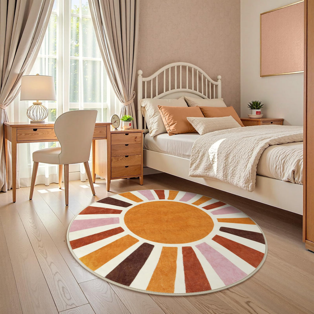 LIVEBOX Boho Nursery Rug Round 4ft Sun Rainbow Rug for Girls Bedroom, Soft Retro Colorful Circular Rugs for Kids Room, Non-Slip Circle Cute Washable Rugs for Living Room Classroom Play Room
