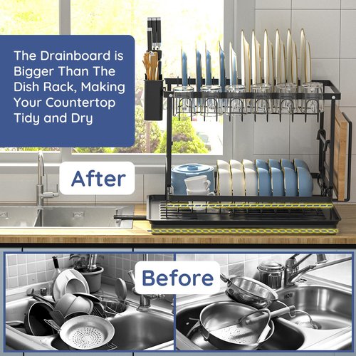 YSCGRICH Dish Drying Rack, 2 Tier Dish Racks for Kitchen Counter, Stainless Steel Dish Rack with Drainboard for Kitchen Counter, Kitchen Organizers and Storage Rack with Removable Utensil Holders