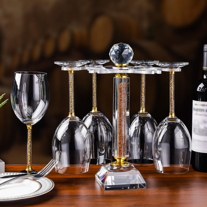 Hanjue Crystal Glass Stemware Rack, Rotates to Hold 6 Wine Glasses, Crystal Wine Glass Holder,Stemware Holder for Wet Bar Home Bar, Bar Cart(white crush diamonds)
