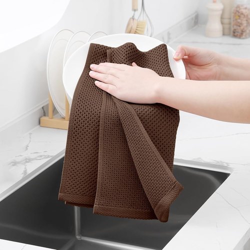 Homaxy Kitchen Dish Towels - Ultra Soft 100% Cotton Waffle Weave, Quick Drying, 12-Pack, Coffee, 13 x 28 Inches
