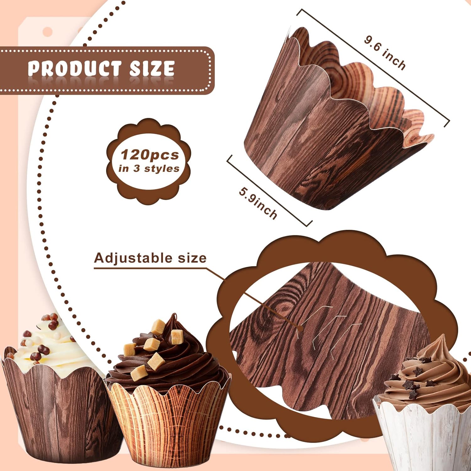 Skiennix Wood Grain Cupcake Wrappers - 120 Pcs Rustic Cake Liners for Baby Showers & Weddings | Woodland Theme