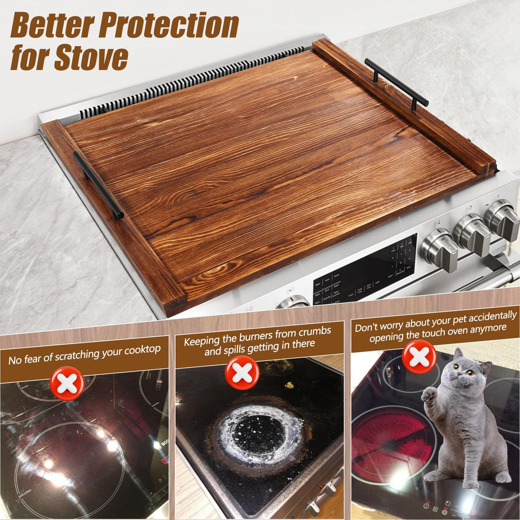 WAUTENANTY Noodle Board Stove Cover, Thick Wood Stove Top Cover Board with Handles Crafted from Solid Pine Wood, Stove Top Covers for Electric Stove & Used As A Sink Cover for Counter Space(Burlywood)