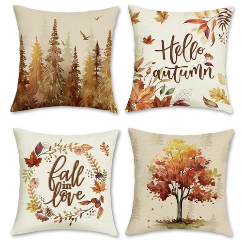 Bonhause Fall Tree Throw Pillow Covers 18 x 18 Inch Hello Autumn Leaves Forest Wreath Decorative Pillow Cases for Couch Sofa Bed Home Fall Decor Set of 4