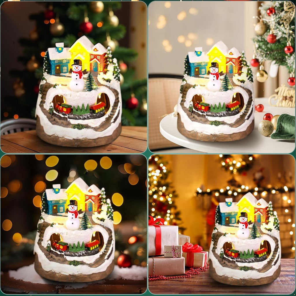 Musical Resin Snowman Figurines | Christmas Village Decor with Spinning Train & LED Lights - Holiday Centerpiece