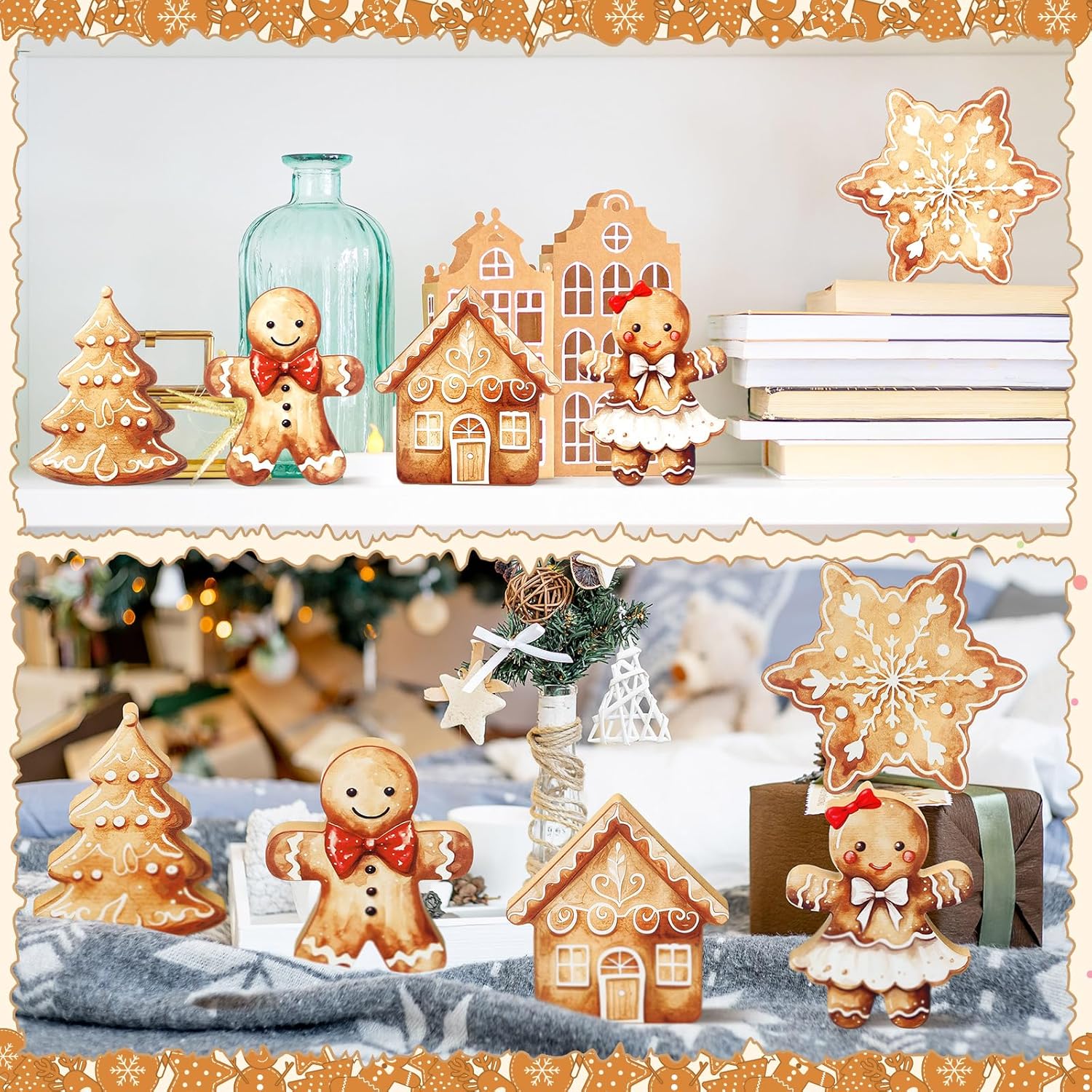 Threehoney Gingerbread Christmas Decorations - 5 Pcs Cute Wooden Table Decor for Home & Office