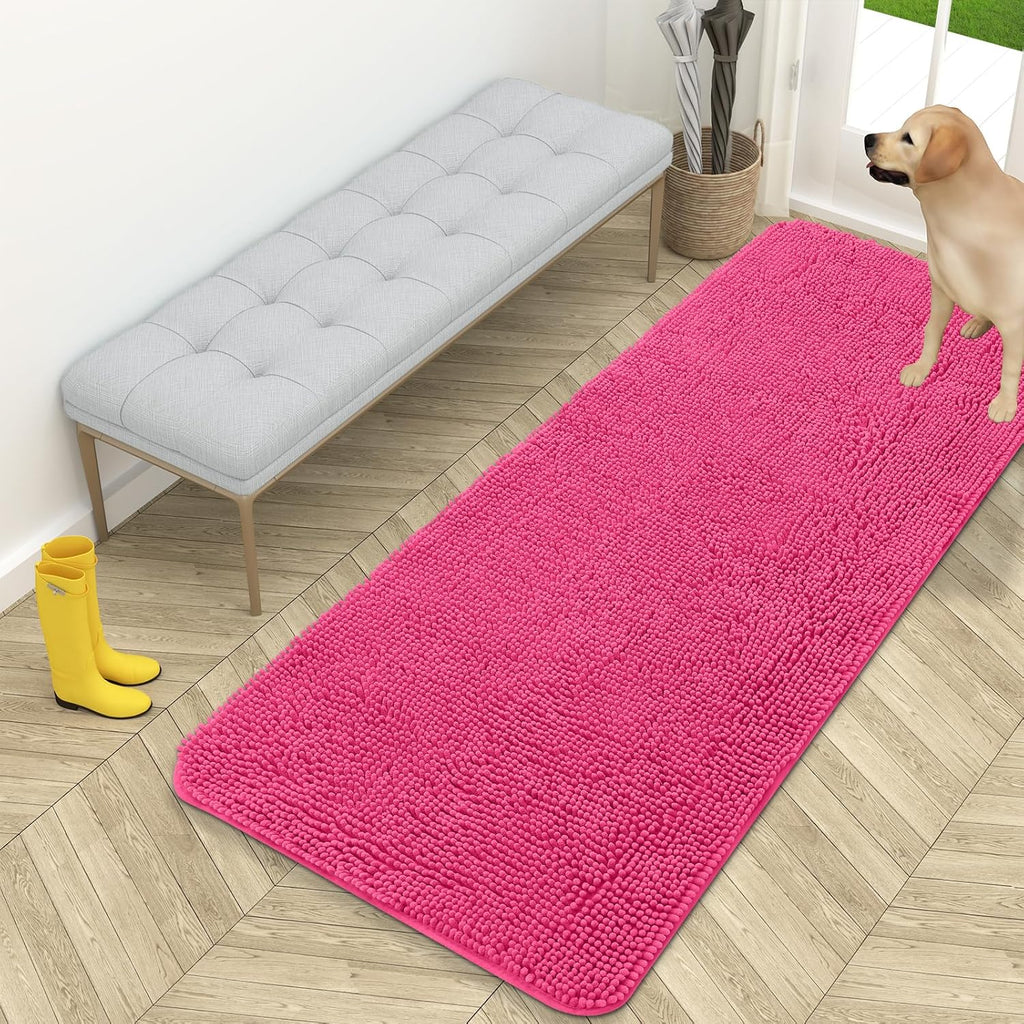 OLANLY Dog Door Mat - Absorbent Non-Slip Chenille Mat for Muddy Paws | 59x24 Hot Pink Indoor Carpet