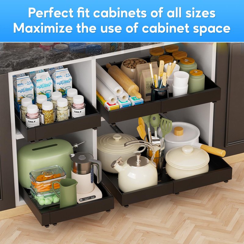 Pull Out Cabinet Organizer,Expandable(12.5"-20.6"W) Heavy Duty Slide Out Drawers Fixed with Adhesive Nano Film No Drill,Roll Out Cabinet Drawers for Kitchen,Bathroom,Pantry,16.5" Deep Black 2PC