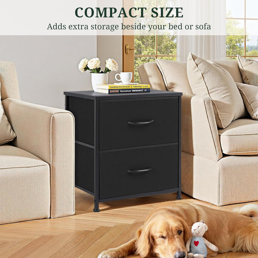 Nightstand | Small 2-Drawer Dresser by [Brand Name] - Stylish Wooden Top & Fabric Bins, Black, 11.8" D x 18" W x 20" H
