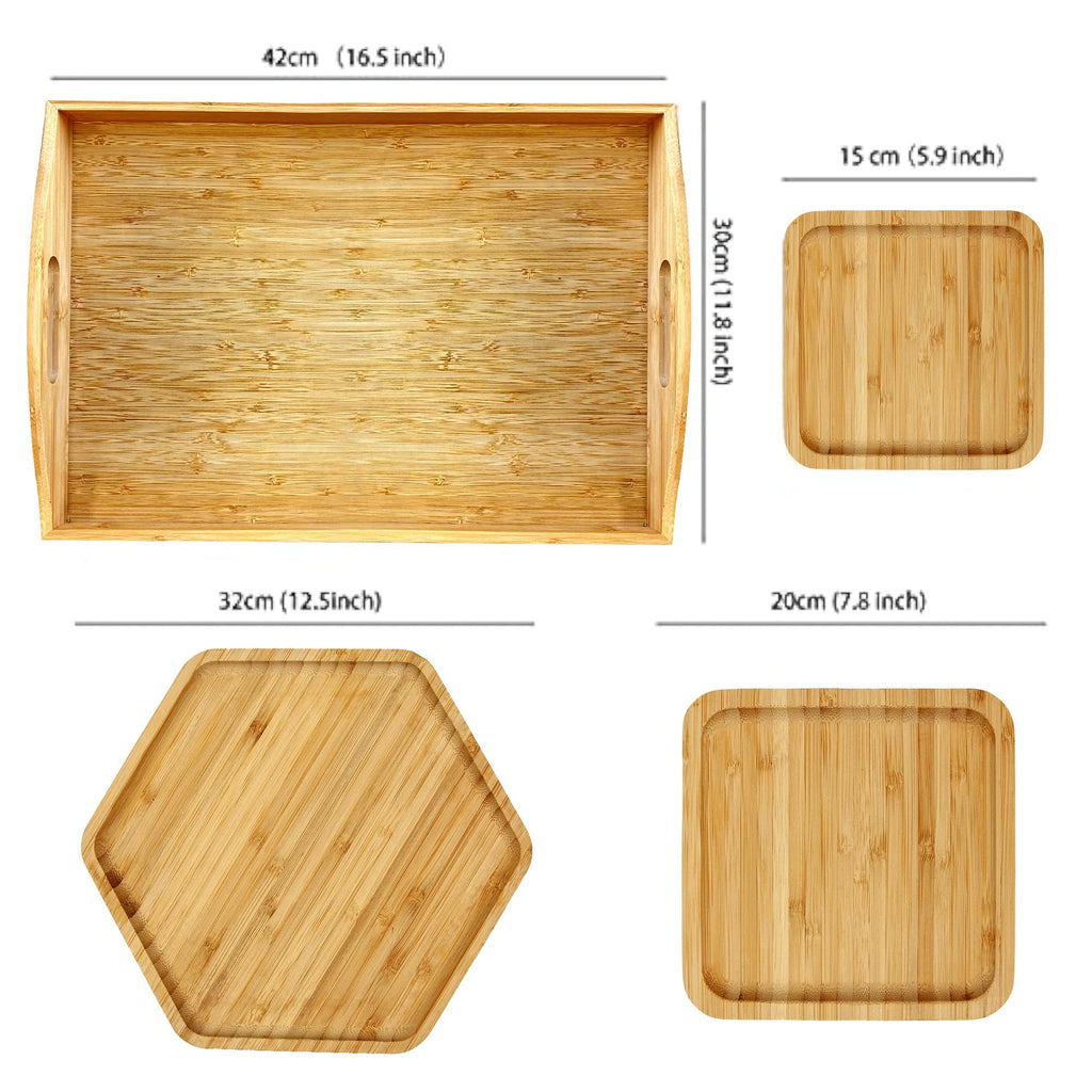 PAFREWOG Bamboo Serving Trays Charcuterie Platter 16.5"x11.8"（42x30cm with Handle, Set Includes 1xHexagon 12.5"(32cm)+1xSquare 7.8"(20cm)+1xSquare 5.9"(15cm) Small Plates for Family Dinner