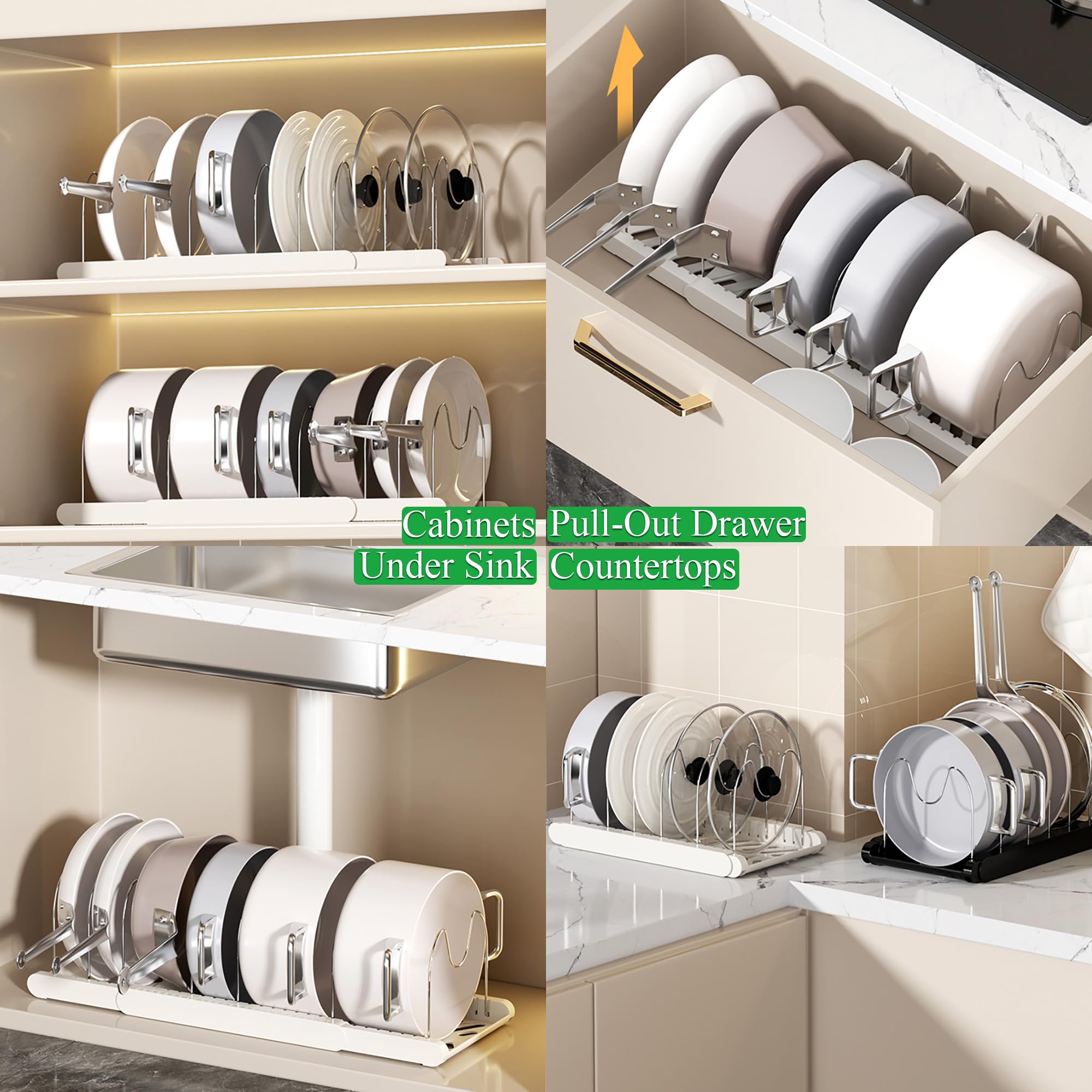 LICRUGU Pot Rack : Pots and Pans Organizer Under Cabinet 7 Adjustable Compartment Expandable Pot Lid Holder for Kitchen Cookware, Bakeware, Lid, Dishes, Cutting Boards,Apricot