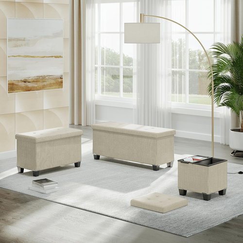 Storage Ottoman Cube with Storage Bin, 15-In Square Ottoman with Storage for Living Room and Bedroom, Foot Stools Ottoman, Small Ottoman Foot Rest, Storage Chest Max 660lbs, Fabric Ivory Ottoman
