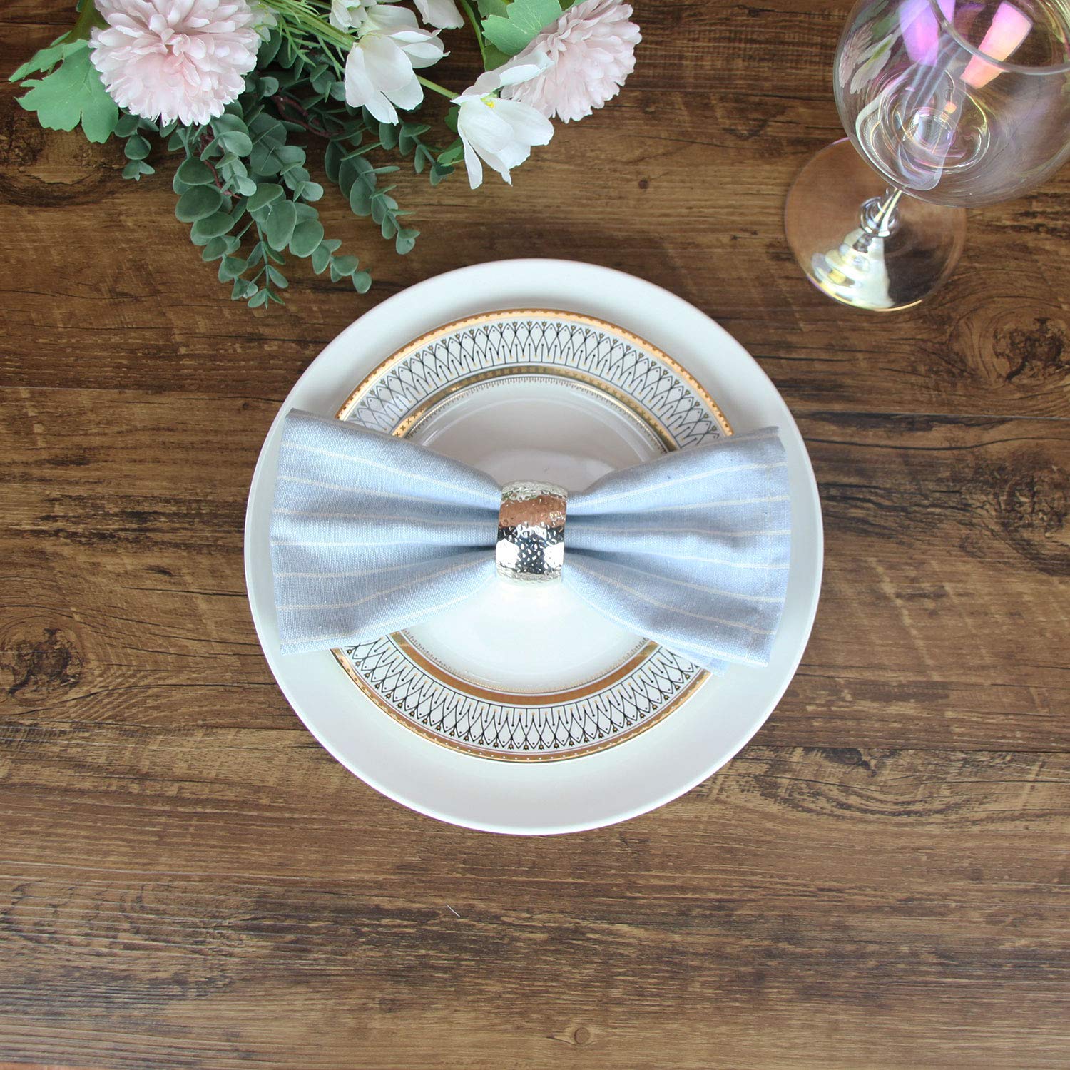 INFEI White Striped Linen Cotton Dinner Cloth Napkins - Set of 12 (40 x 30 cm) - for Events & Home Use (Sky Blue)