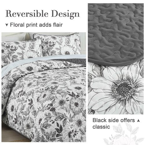 Drucon Grey Floral Quilt Set Queen Size 3 Pieces Botanical Flower Quilt Coverlet Set with 2 Pillowcases Lightweight Soft Microfiber Bedding Set Bedspread for All Season 96"x90"