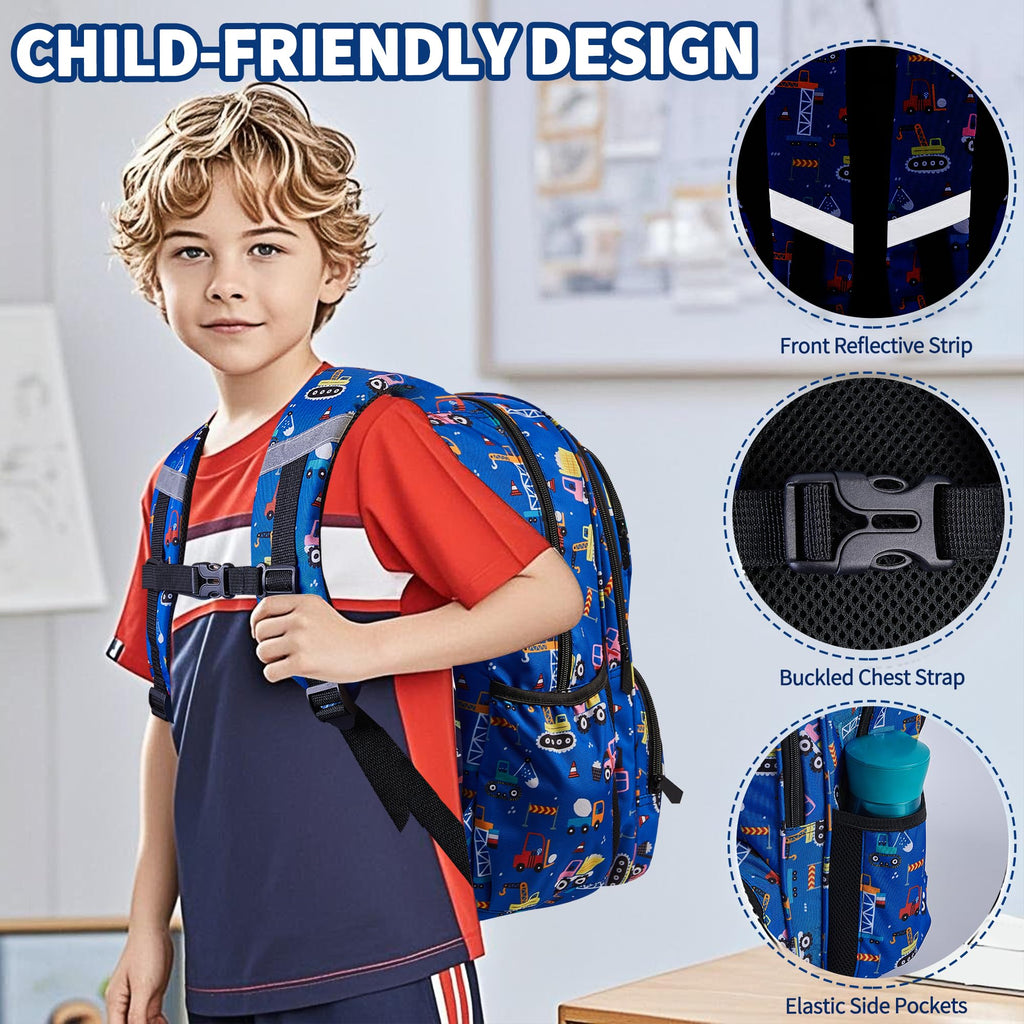 Kids Backpack for Boys, 3Pcs Waterproof Toddler Backpacks with Lunch Box & Pencil Pouch - Lightweight School Backpack Blue Bookbag for Ages 3+ Elementary Middle School Teens - Construction Trucks