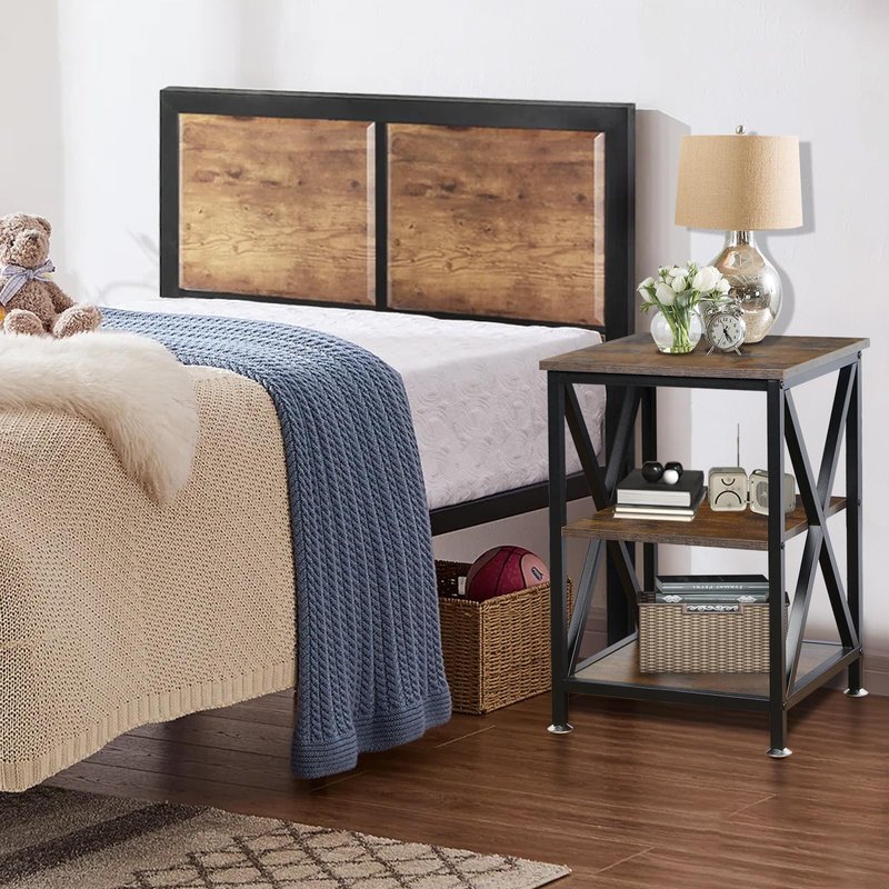 TooCust Square End Table with Storage Shelf, 16" D X 16" W X 24" H, 3-Tier End Table Living Room, Rustic Brown End Tables, X-Shaped Night Stand for Bedroom, Farmhouse Wood End Tables