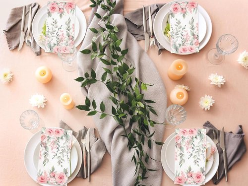 FYSUIMU Floral Guest Napkins - 100 Pcs Greenery Design with Roses & Eucalyptus | Disposable Paper Towels for Events