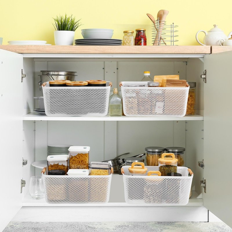 Tioncy 4 Pcs White Mesh Baskets with Wooden Handles Plastic Storage Organizer Baskets Pantry Basket Fruit Vegetables Gathering Basket Bin for Organizing Cabinet Closet Bedroom Kitchen(Large)