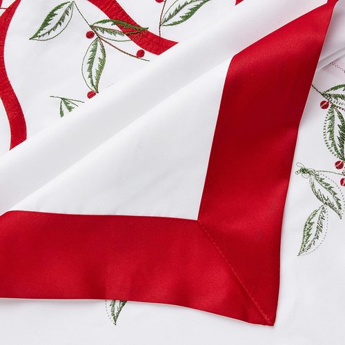 Violet Linen Christmas Holly Leaves Poinsettia Ribbon Bows Polyester Embroidered with Trim Border Tablecloths, 70" X 88", White