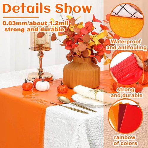Panelee 12 Pack Fall Disposable Plastic Table Runner 14 x 108 Inch Thanksgiving Table Runner Bulk Orange Brown Red Yellow for Fall Autumn Harvest Holiday Christmas Family BBQ Birthday Party