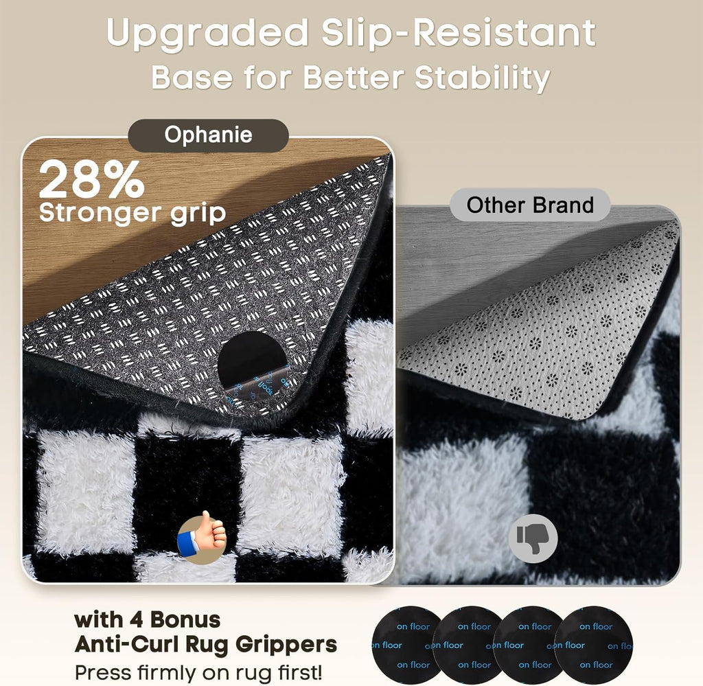 Ophanie Checkered Black & White Area Rug - Soft Fluffy Shag Carpet for Living Room & Bedroom | 4x6 Furry Design