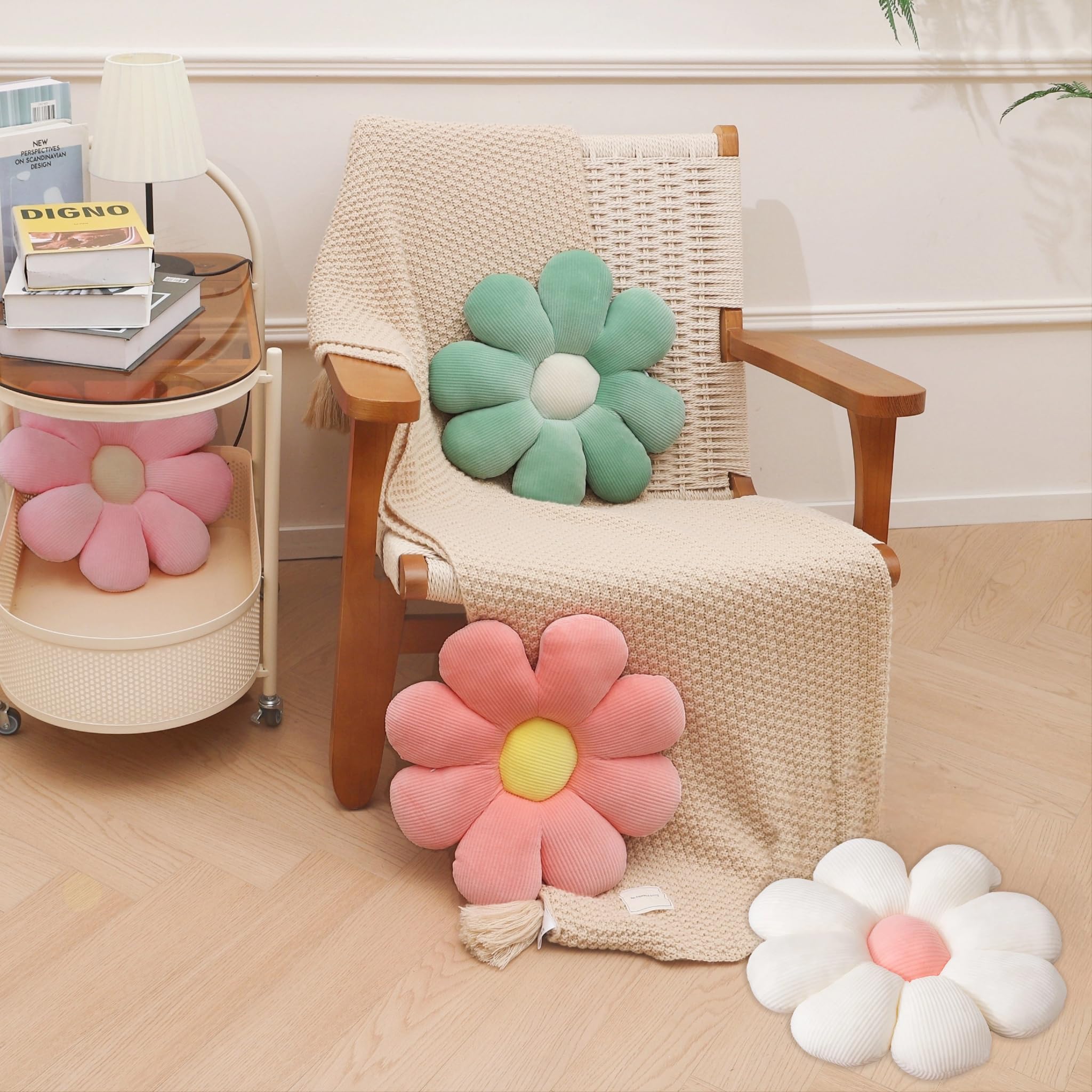2 Pcs Flower Pillow Decorative Throw Pillows for Bed Couch Sofa Chair, 15.35" Cute Aesthetic Daisy Shaped Throw Pillows Floor Cushions for Bedroom Room Dorm Classroom (White, Orange Pink, 15.35 Inch)