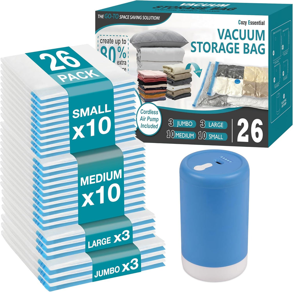 Skiennix Travel Vacuum Storage Bags - Space Saver with Rechargeable USB Pump | 26 Combo for Clothes & Bedding