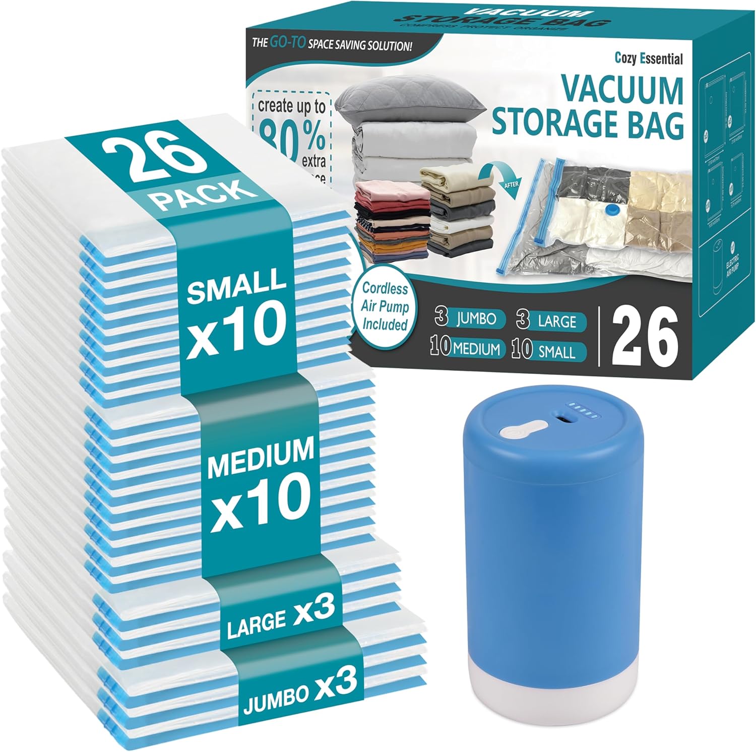 Skiennix Travel Vacuum Storage Bags - Space Saver with Rechargeable USB Pump | 26 Combo for Clothes & Bedding