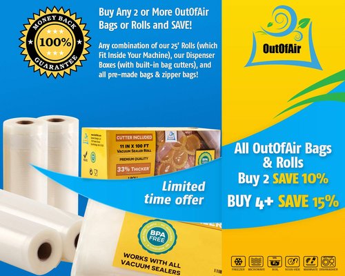 Vacuum Sealer Roll & Bag Cutter (8" x 100') 4 mil 100 Foot Embossed Bags by OutOfAir 33% Thicker, BPA Free, Sous Vide, Commercial Grade, Works with All Machines