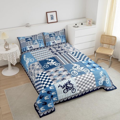 Castle Fairy Dirt Bike Comforter Set,Motocross Racer Bedding Set for Kids Girls Women,Adults Blue and Gray Grid Comforter,Stripes Square Quilted Duvet Set Bedroom Collection Twin Size 2Pcs