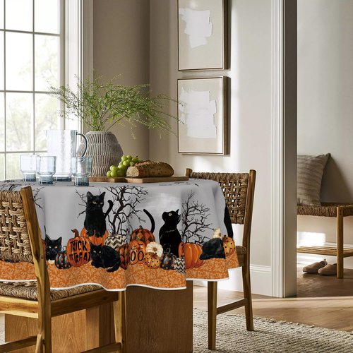 Horaldaily Halloween Tablecloth 90×90 Inch Round, Buffalo Plaid Pumpkin Moon Cat Washable Table Cover for Party Picnic Dinner Decor