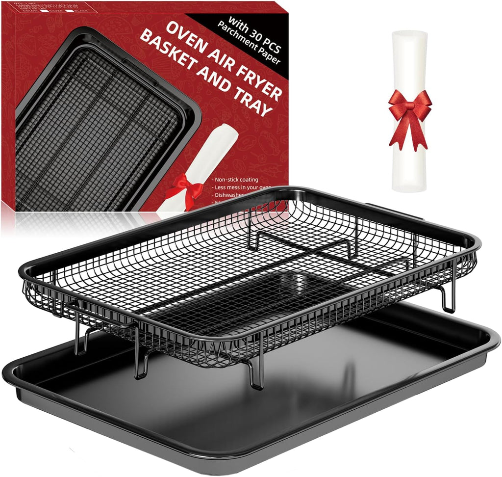 THORSES Air Fryer Basket - Large 15.7" x 11.6" Non-Stick Stainless Steel Tray with 30 Parchment Sheets - Black