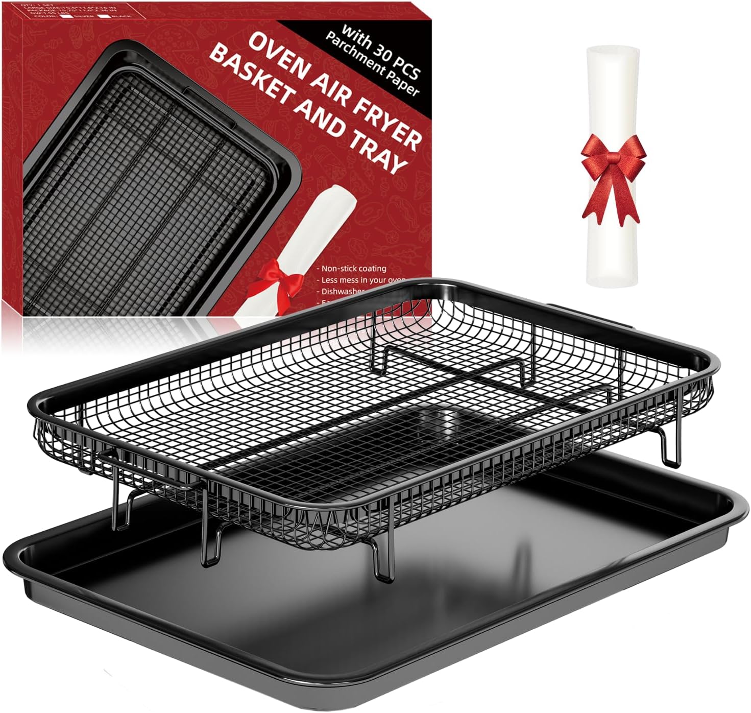 THORSES Air Fryer Basket - Large 15.7" x 11.6" Non-Stick Stainless Steel Tray with 30 Parchment Sheets - Black