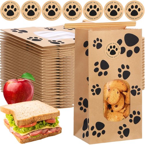 Tenceur 120 Pcs Dog Paw Bakery Bags with Window Paper Cookie Bags 3.54 x 2.36 x 6.7 Inch Tin Tie Tab Lock Bags Seal Stickers for National Dog Day Coffee Beans Candy Gift Party Favor