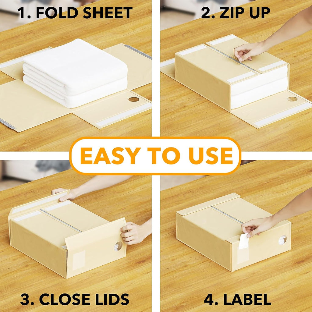 SpaceAid Bed Sheet Organizers - 6 Pack Foldable Storage with Window for Queen & King Size Bedding (Beige)