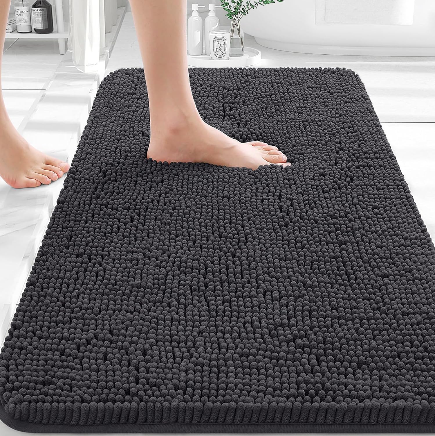 OLANLY Bath Rugs - Extra Soft Chenille Mats with Rubber Backing | Quick Dry, Machine Washable, 36x24, Dark Grey