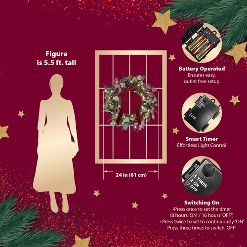 24 Inch Pre-Lit Artificial Christmas Wreath for Front Door Welcome - Realistic Frosted Eucalyptus Black Berries Red Velvet Bow - 50 LED Battery Operated Timer for Indoor Outdoor Modern Farmhouse