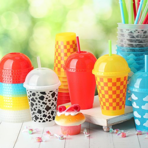 Funnymoom 24 Pcs Cartoon Cups 16 Oz Reusable Cartoon Tale Cups with Straws and Lids Cow Blue White Clouds Plastic Drinks Supplies for Baby Shower Decorations Birthday Party Favor