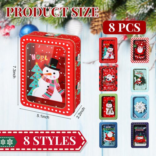 Tioncy 8 Pcs Christmas Cookie Tins with Lids Large Cookie Boxes Metal Empty Tins Santa Tinplate Xmas Gift Box for Christmas Holiday Candies Treats Storage Container (Novel)
